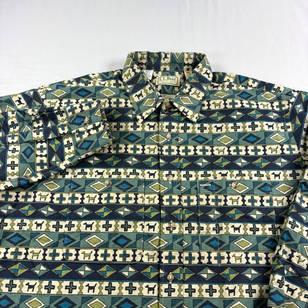 Vintage 90s LL Bean Shirt Men XL Green Freeport Maine Button Up Tribal Southwest